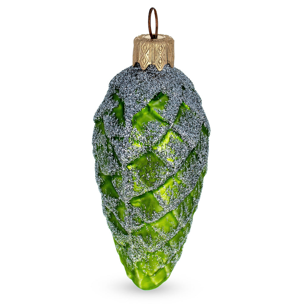 Green Pinecone with Silver Glitter Glass Christmas Ornament