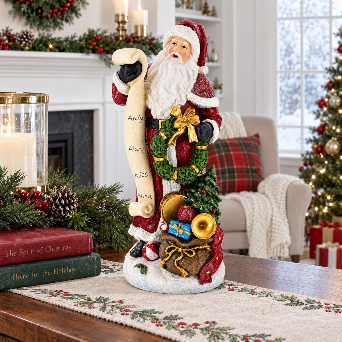 Santa Reading Christmas Gift List Figurine - Winter Holiday Decor 11.5 Inches