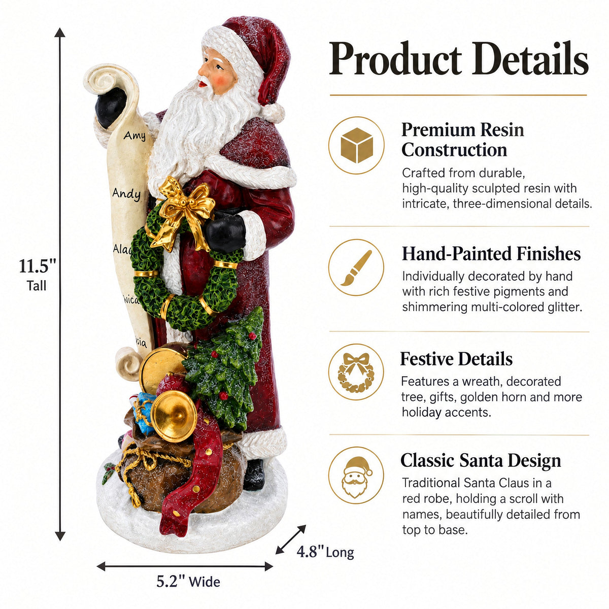 Santa Reading Christmas Gift List Figurine - Winter Holiday Decor 11.5 Inches
