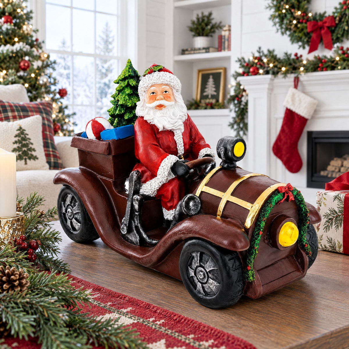 Santa Driving Classic Car with LED Lights Figurine 10.5 Inches Long