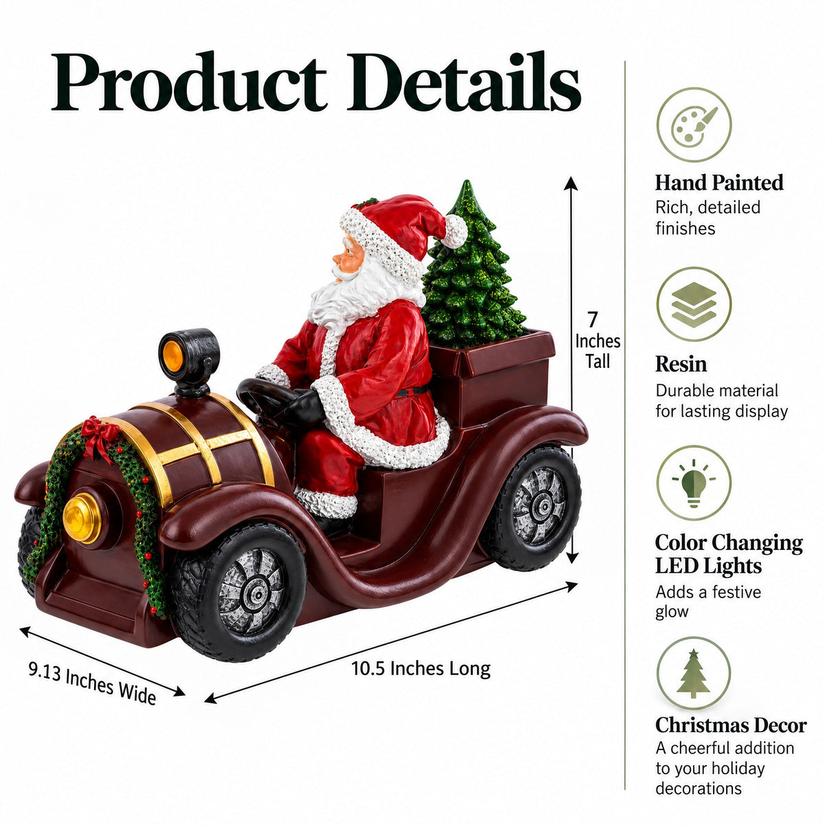 Santa Driving Classic Car with LED Lights Figurine 10.5 Inches Long