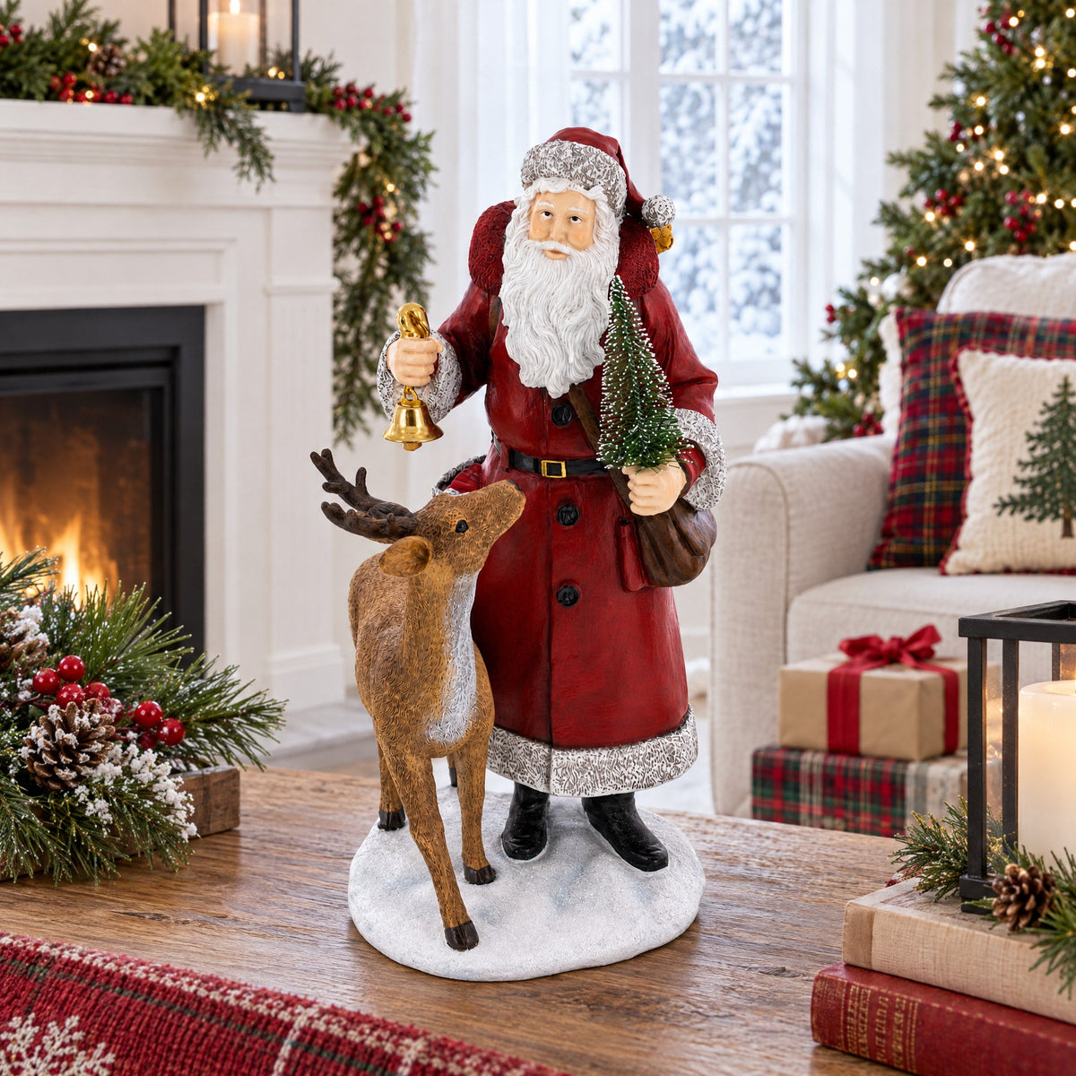 Santa Holding Christmas Tree and Bell by Reindeer Figurine 12 Inches