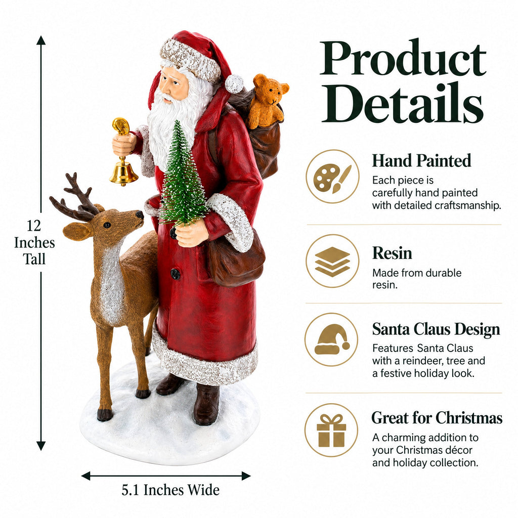 Santa Holding Christmas Tree and Bell by Reindeer Figurine 12 Inches