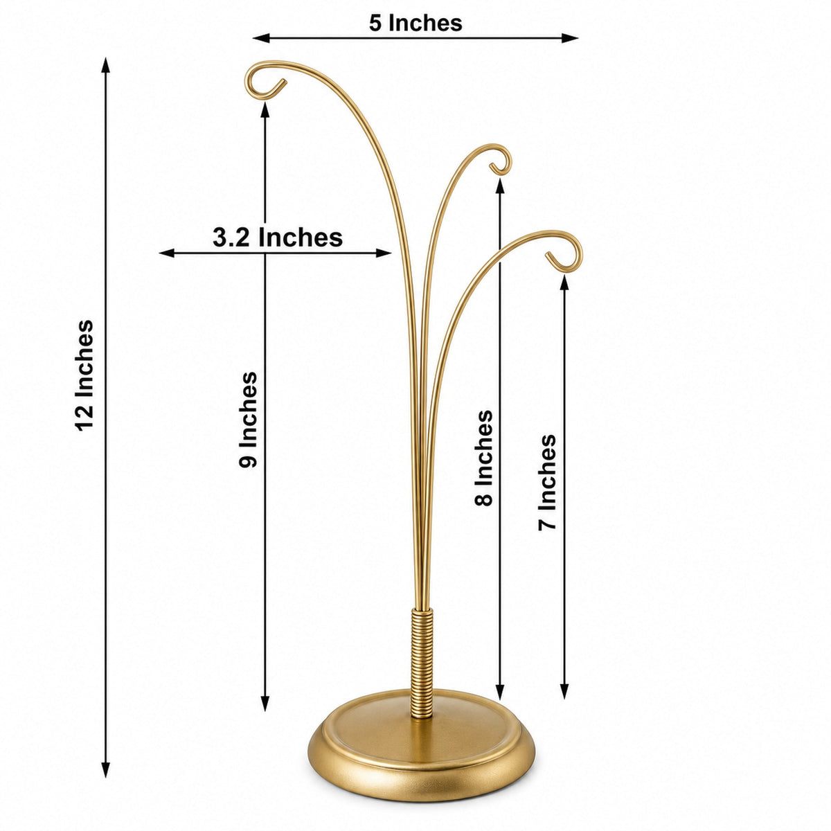 3-Arm Botanical Style Gold Metal Ornament Display Stand 12 Inches