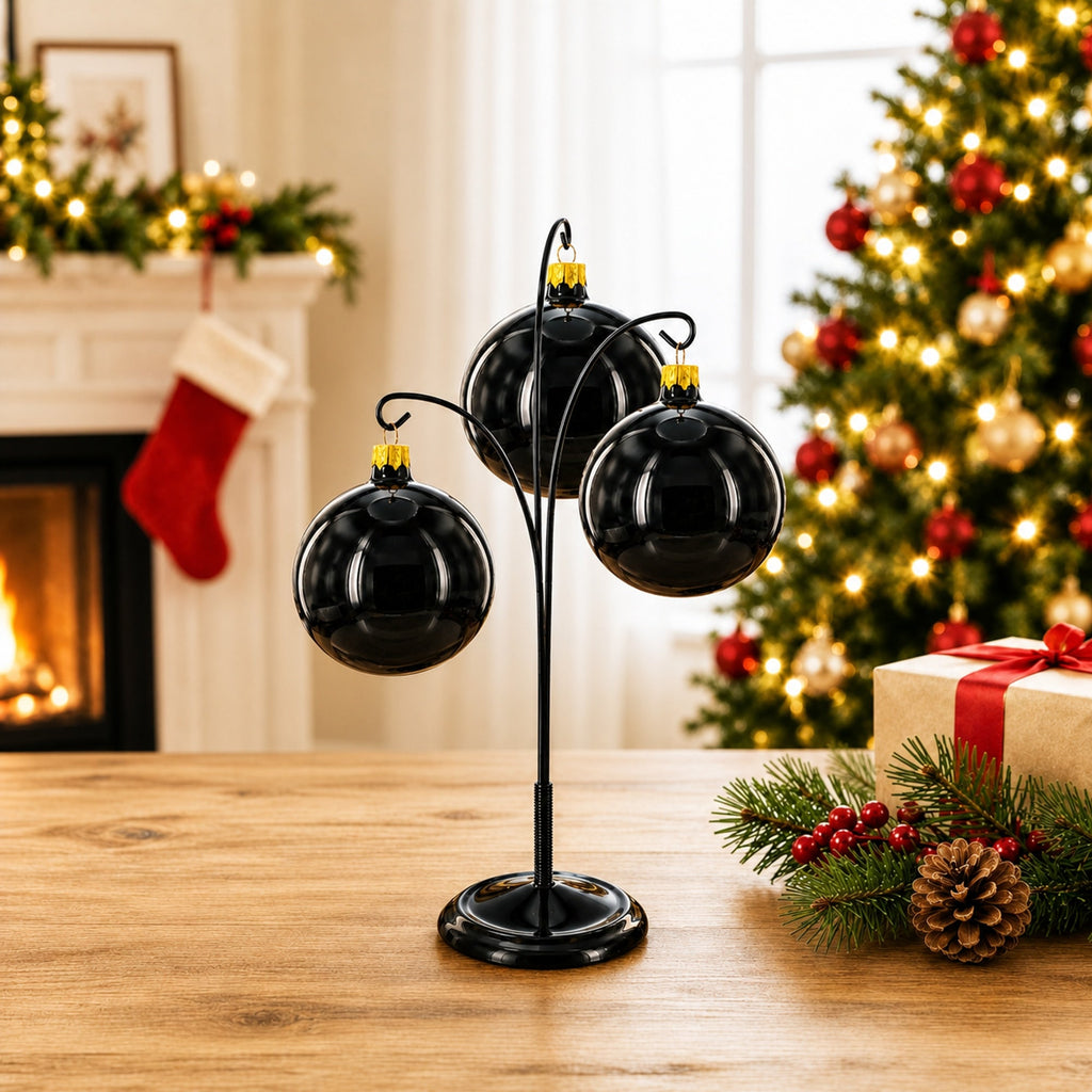 3-Arm Botanical Style Black Painted Metal Ornament Display Stand 12 Inches