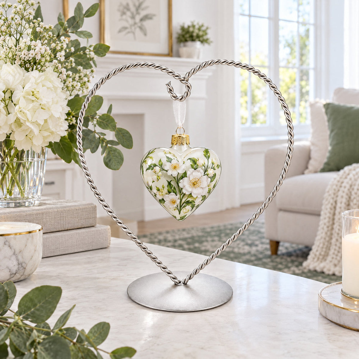 Heart-Shaped Twisted Silver Metal Ornament Display Stand 6.2 Inches