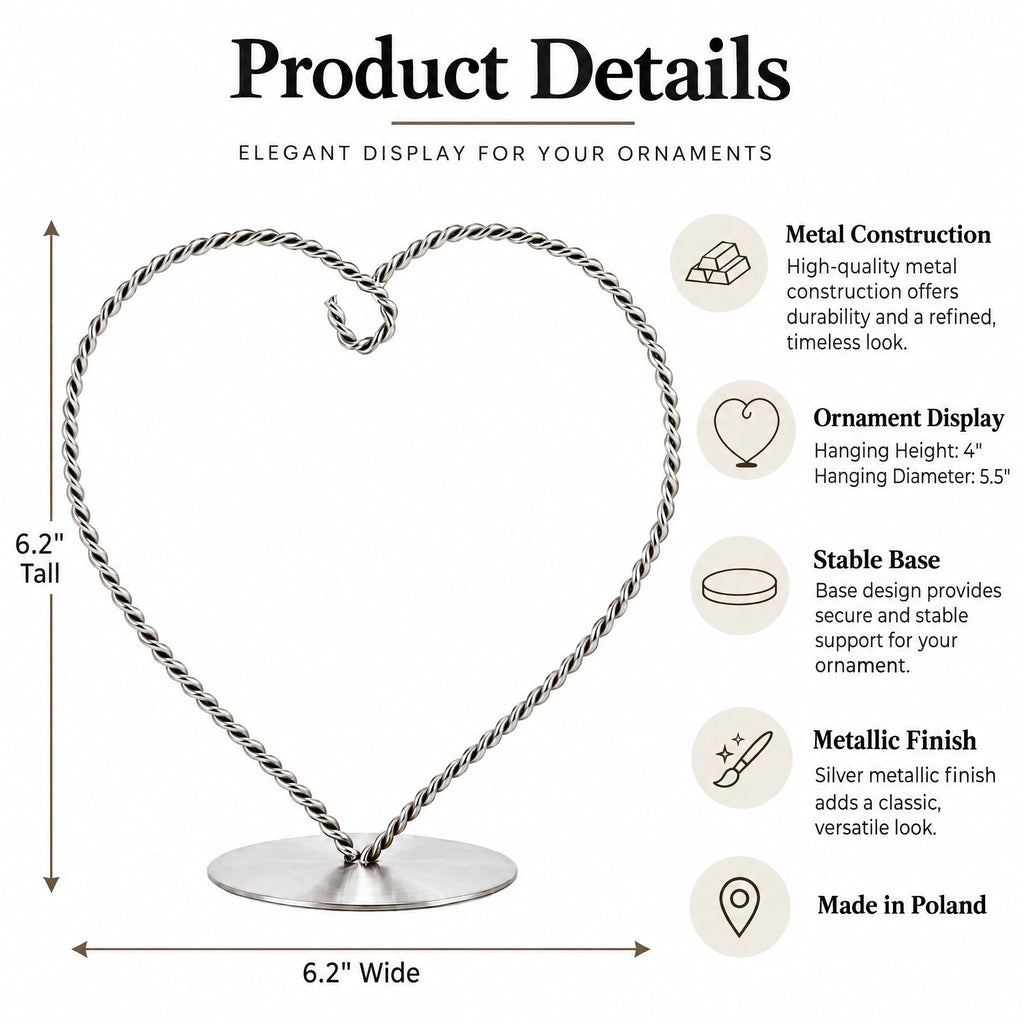 Heart-Shaped Twisted Silver Metal Ornament Display Stand 6.2 Inches