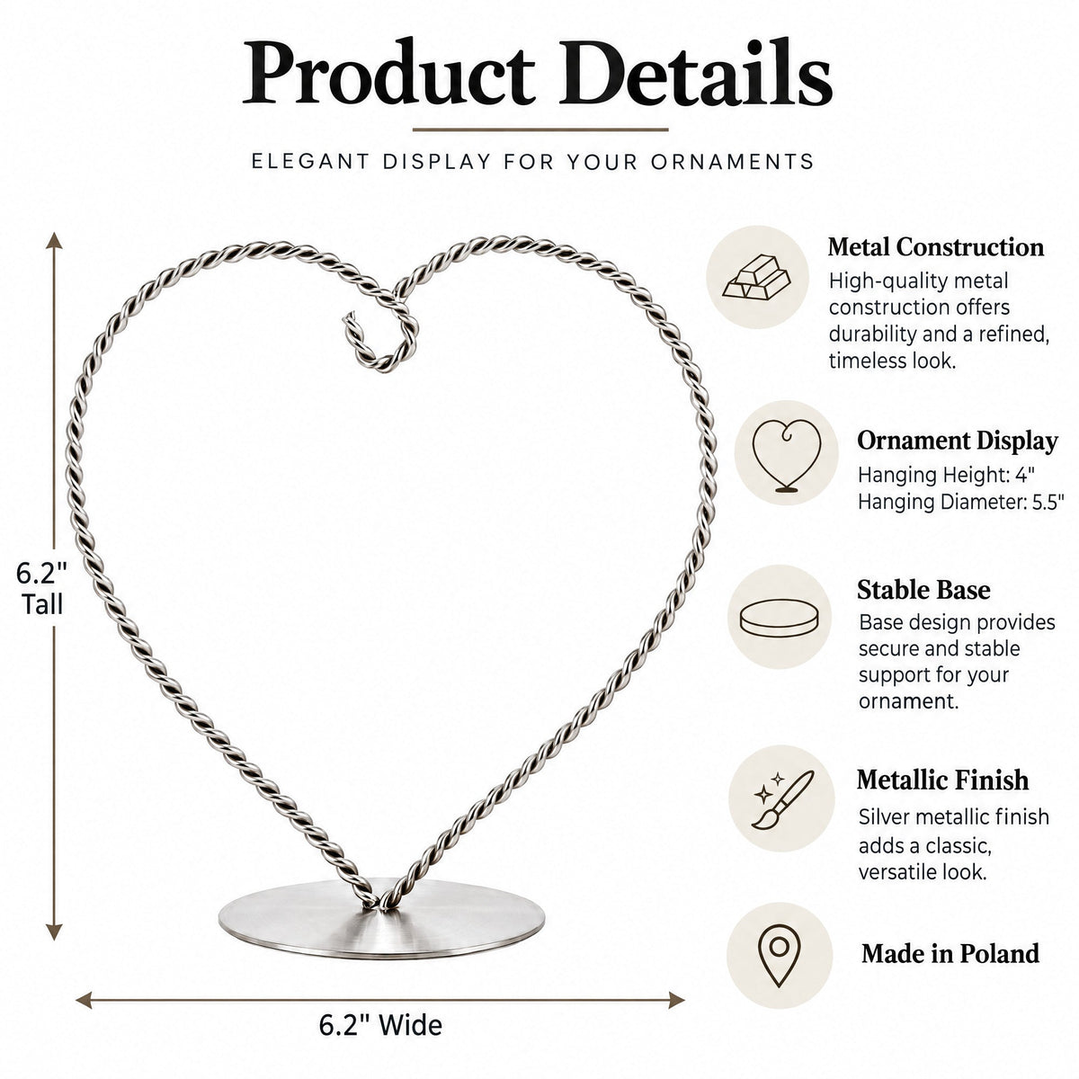 Heart-Shaped Twisted Silver Metal Ornament Display Stand 6.2 Inches