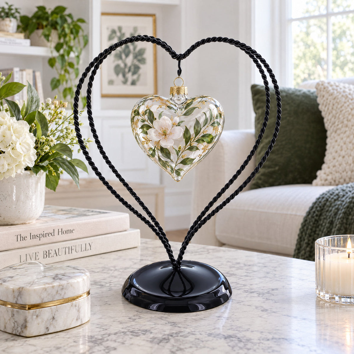 Double Wire Heart Twisted Black Paint Metal Ornament Display Stand 7.8 Inches