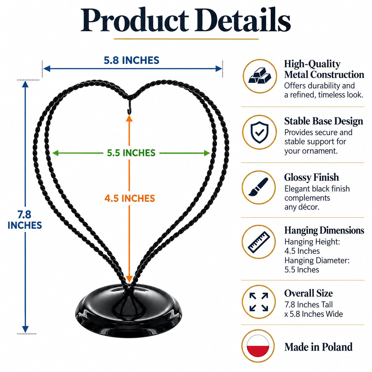 Double Wire Heart Twisted Black Paint Metal Ornament Display Stand 7.8 Inches