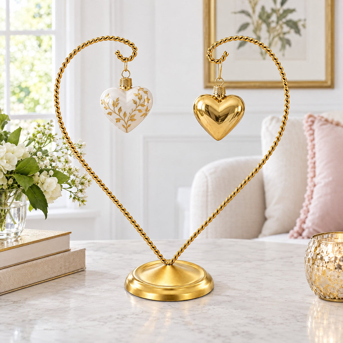 Open-Top Heart Twisted Gold Metal Ornament Display Stand 9 Inches