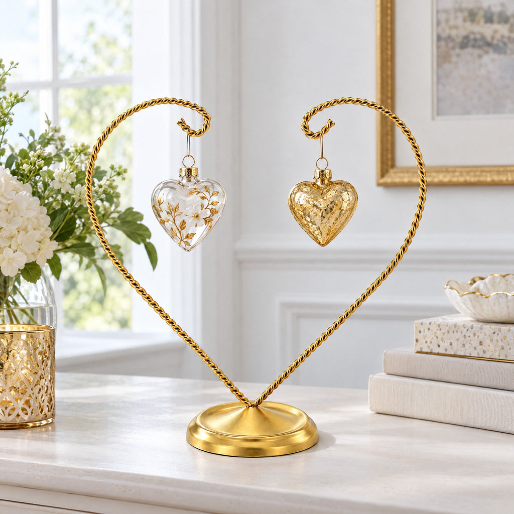 Open-Top Heart Twisted Gold Metal Ornament Display Stand 9 Inches