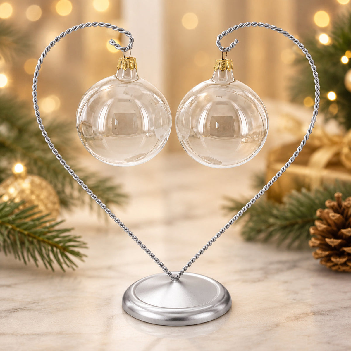Open-Top Heart Twisted Silver Metal Ornament Display Stand 9 Inches