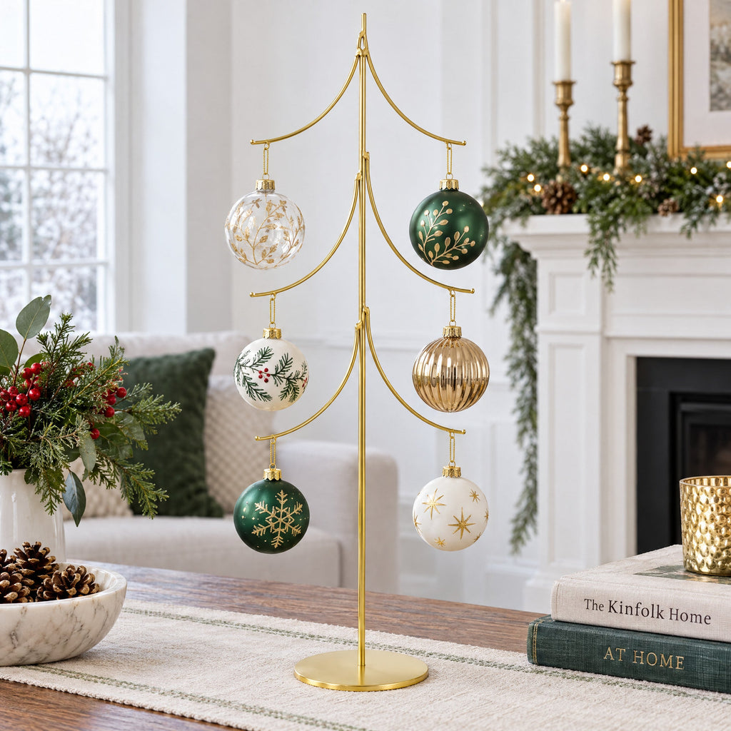 6-Arm Tiered Tree Gold Metal Ornament Display Stand 14 Inches