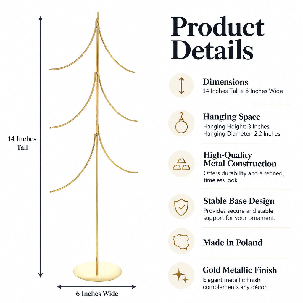 6-Arm Tiered Tree Gold Metal Ornament Display Stand 14 Inches