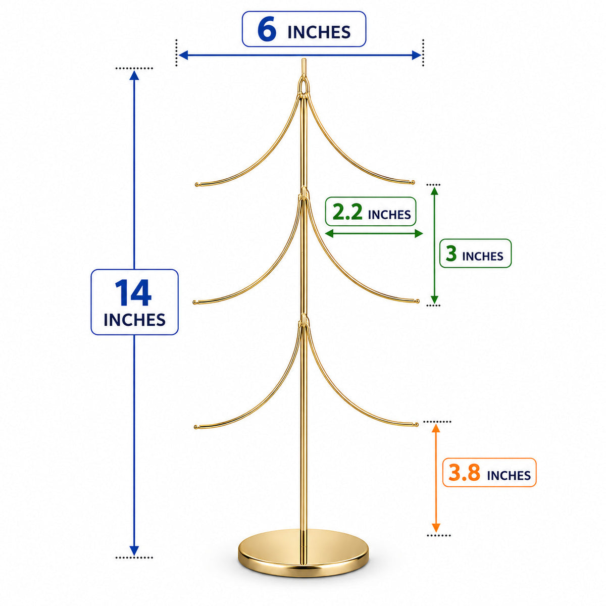 6-Arm Tiered Tree Gold Metal Ornament Display Stand 14 Inches