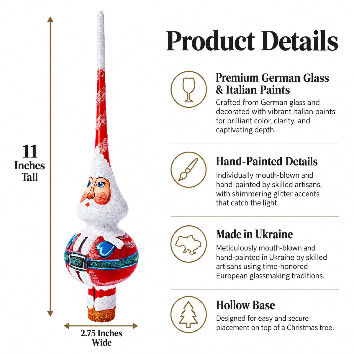Santa in Red & White Suit Glass Christmas Tree Topper 11 Inches