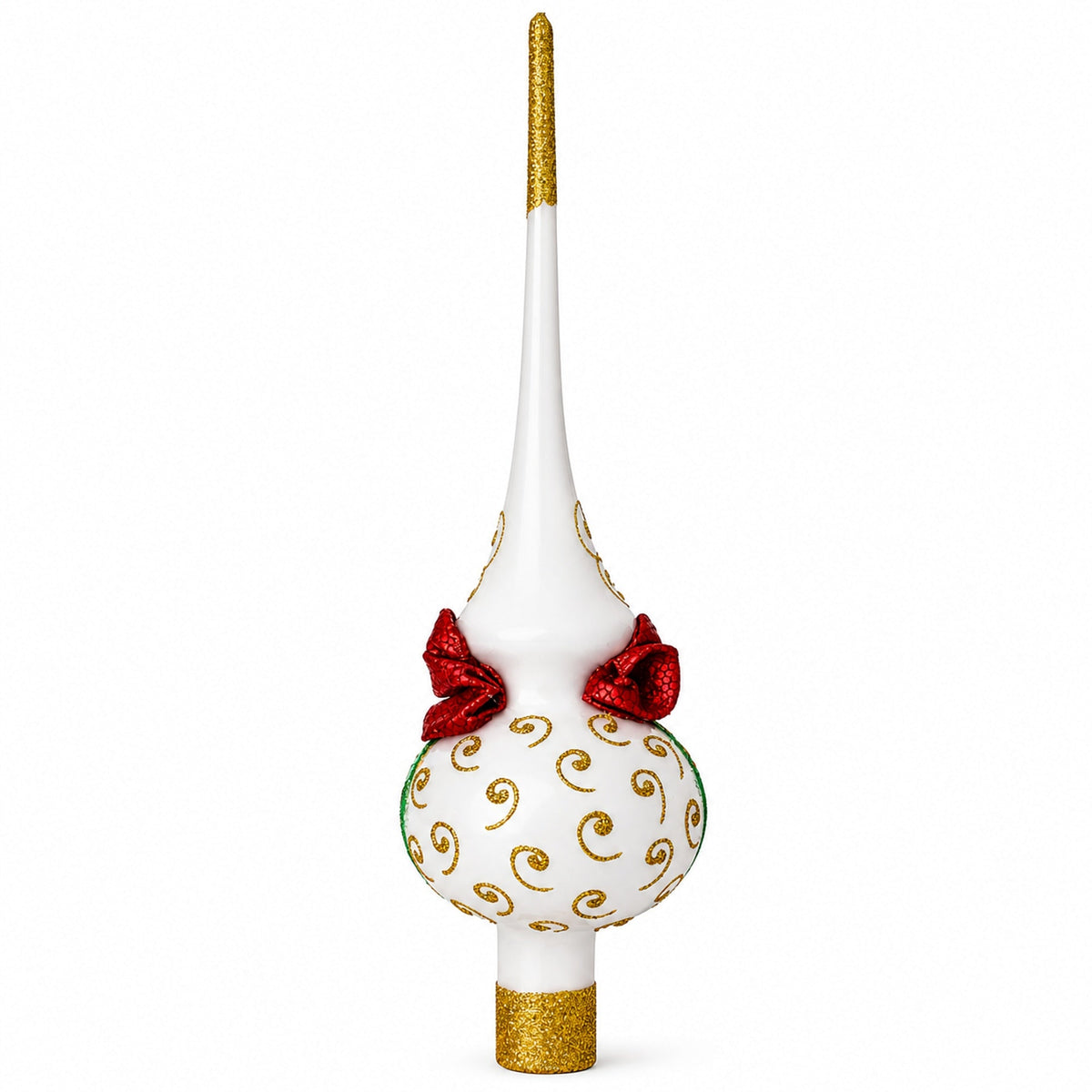 Bow and Bells on White Glass Christmas Tree Topper 11 Inches