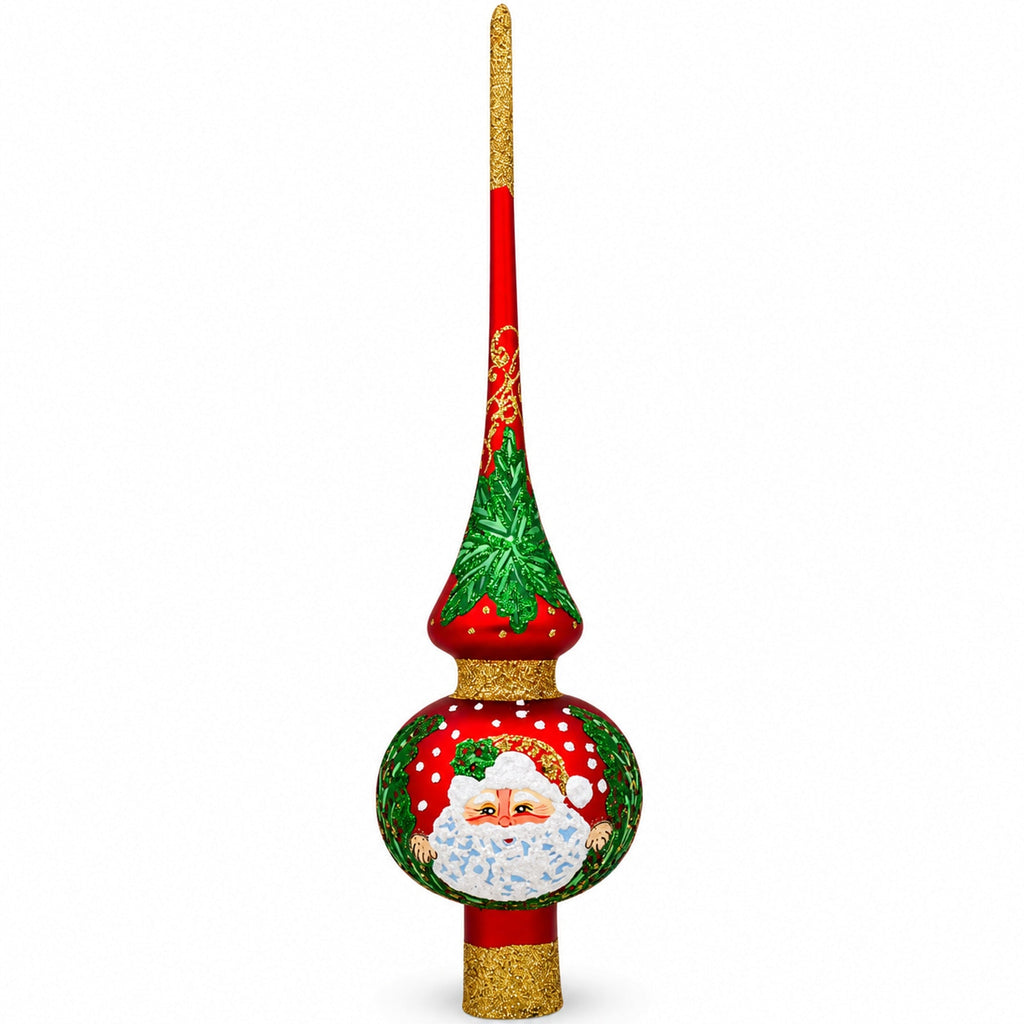Santa and Mistletoe on Red Mouth Blown Glass Tree Topper 11 Inches