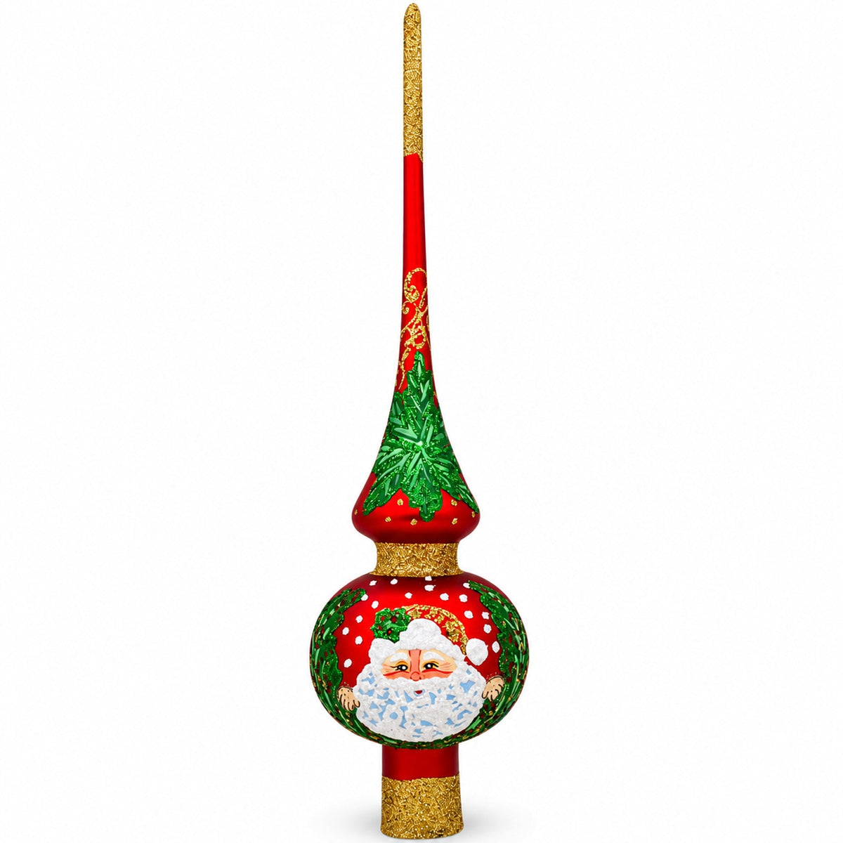 Santa and Mistletoe on Red Mouth Blown Glass Tree Topper 11 Inches