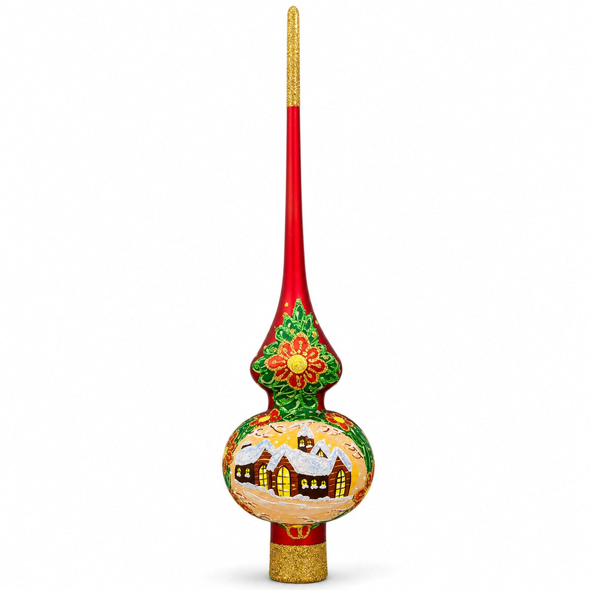 Snow Covered Winter Village Red Glass Christmas Tree Topper 11 Inches