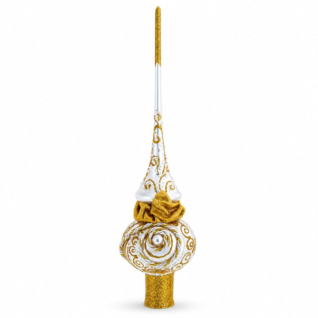 Golden Twisted Rope and Bow on White Glass Christmas Tree Topper 11 Inches