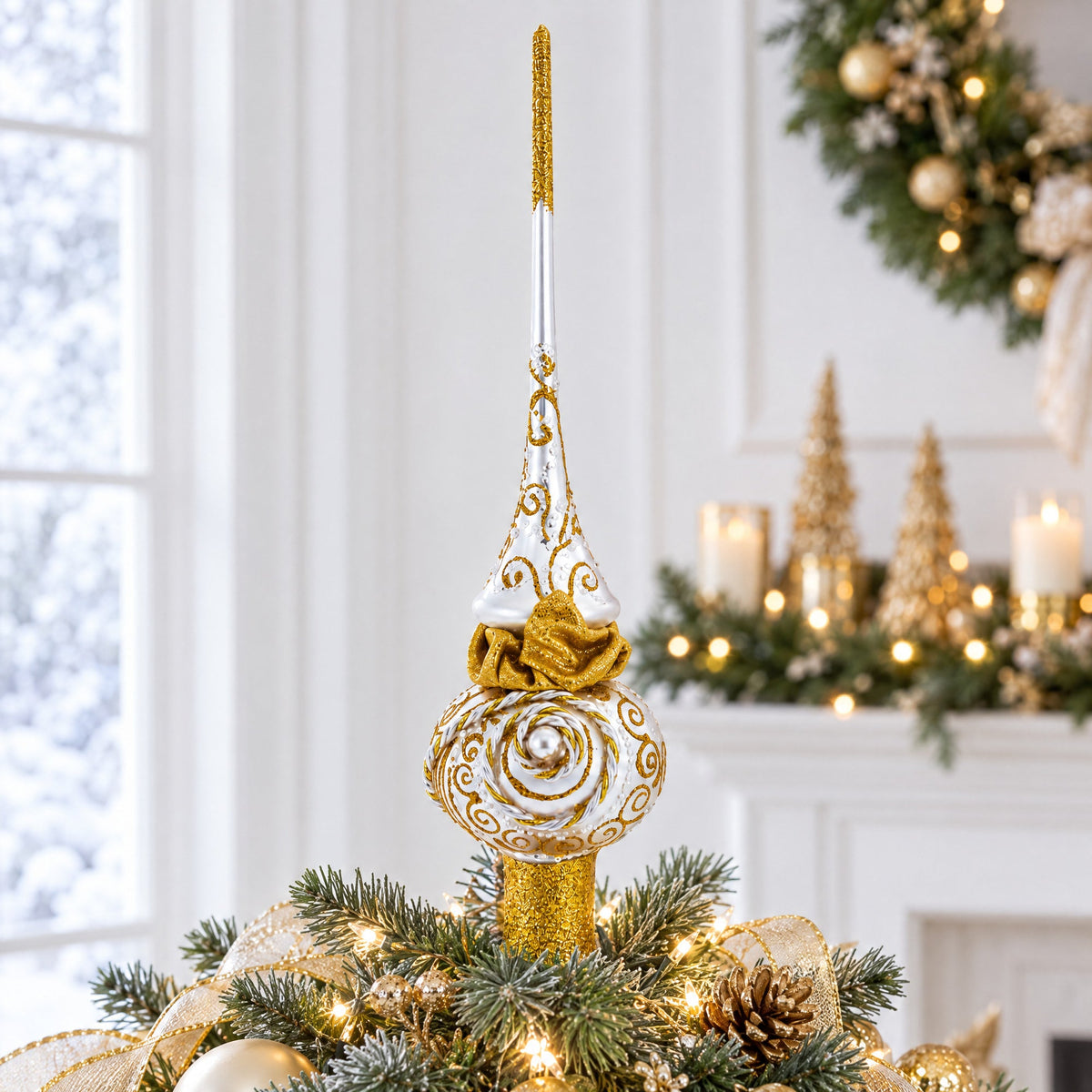 Golden Twisted Rope and Bow on White Glass Christmas Tree Topper 11 Inches