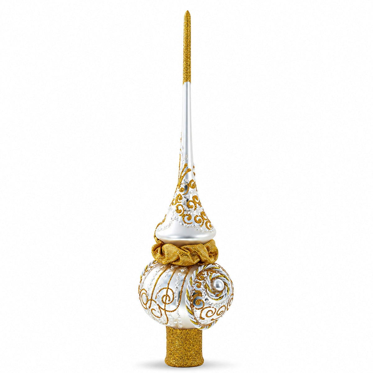 Golden Twisted Rope and Bow on White Glass Christmas Tree Topper 11 Inches