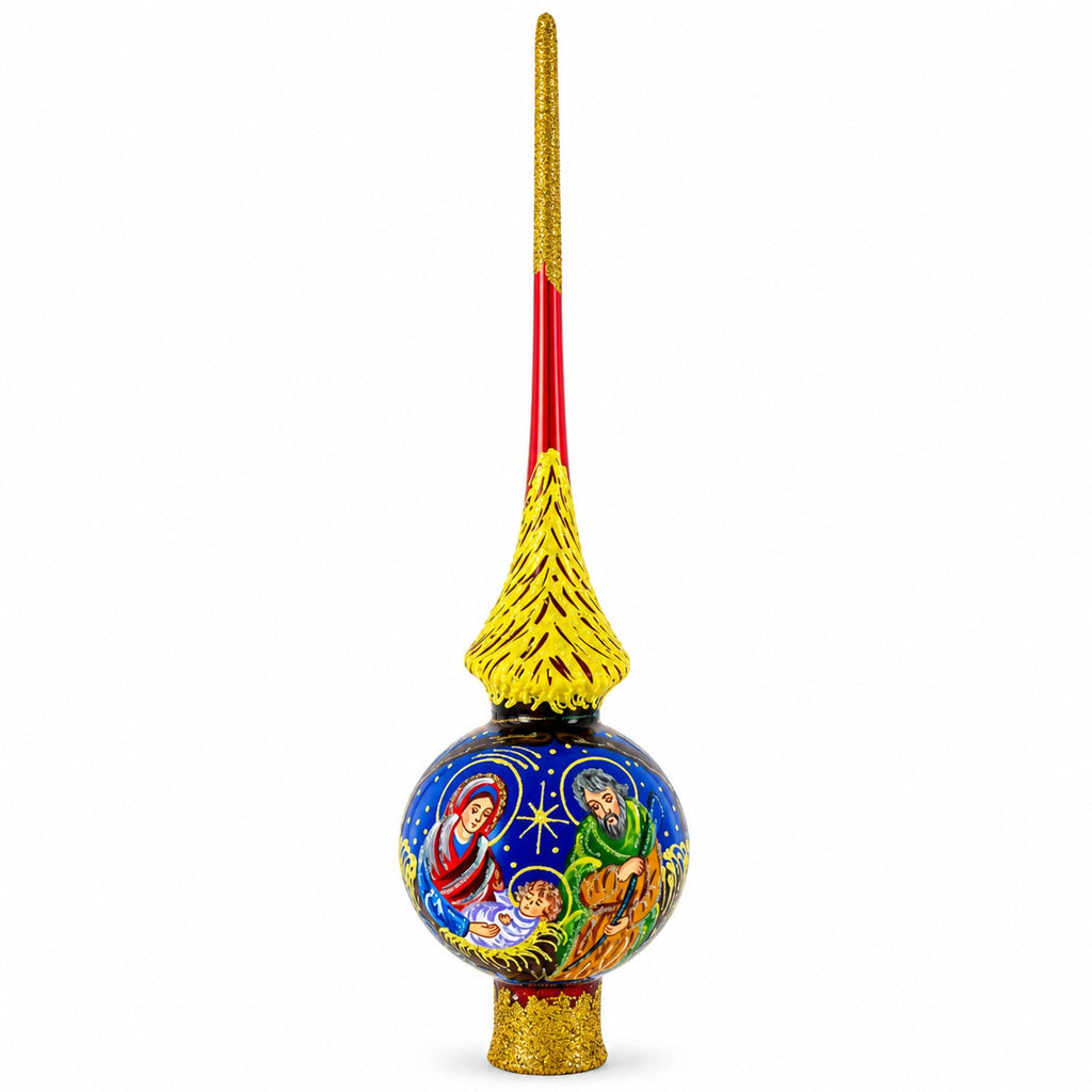Holy Family on Red Glass Christmas Tree Topper 11 Inches