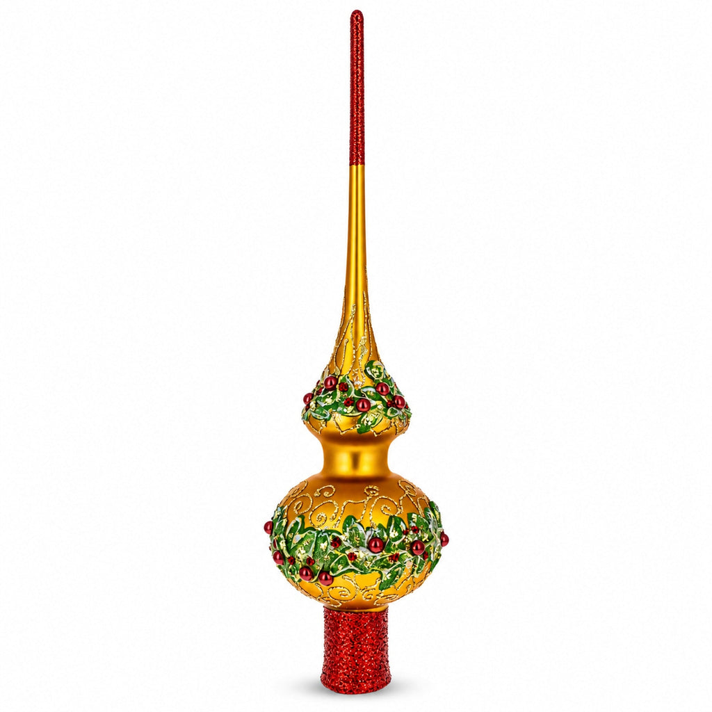 Poinsettia Flowers with Pearls  Gold Glass Christmas Tree Topper 11 Inches