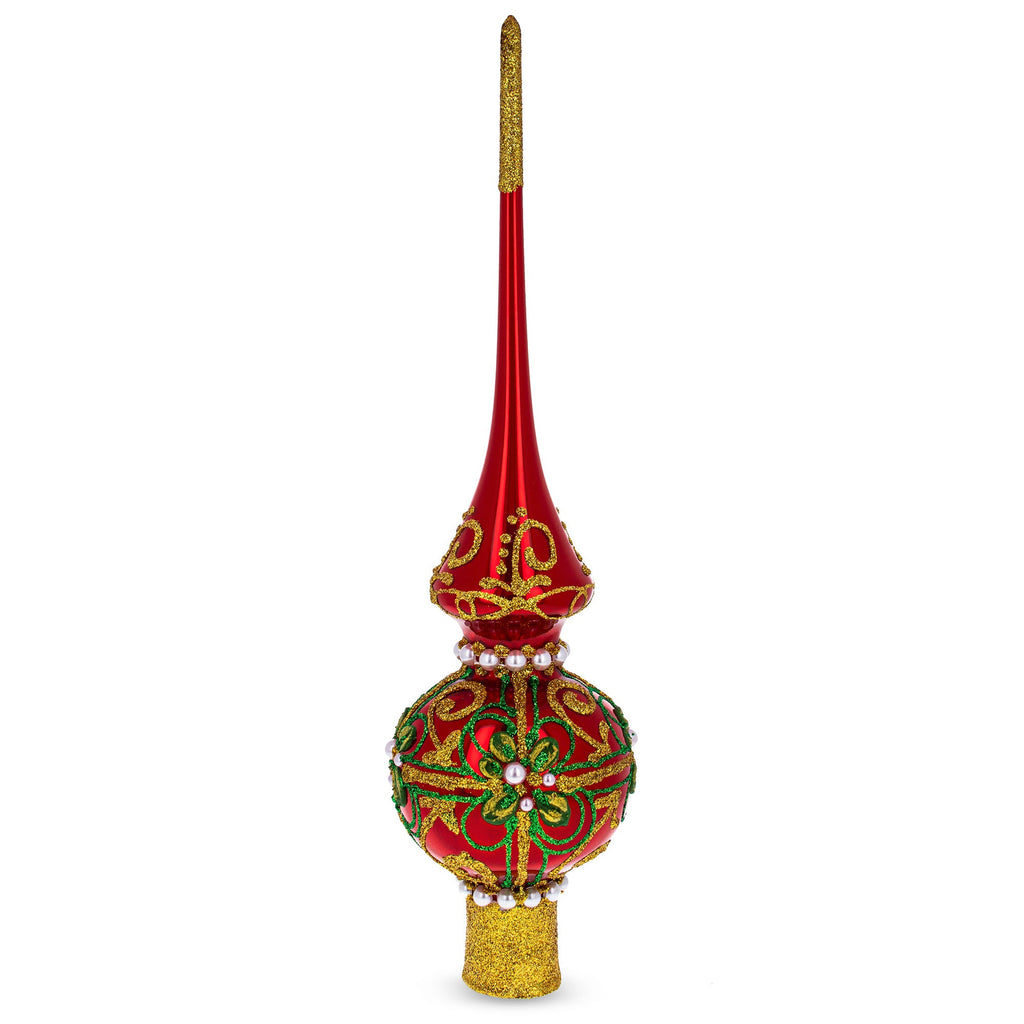 Green & Gold Glitter with Pearls Glossy Red Glass Christmas Tree Topper 11 Inches