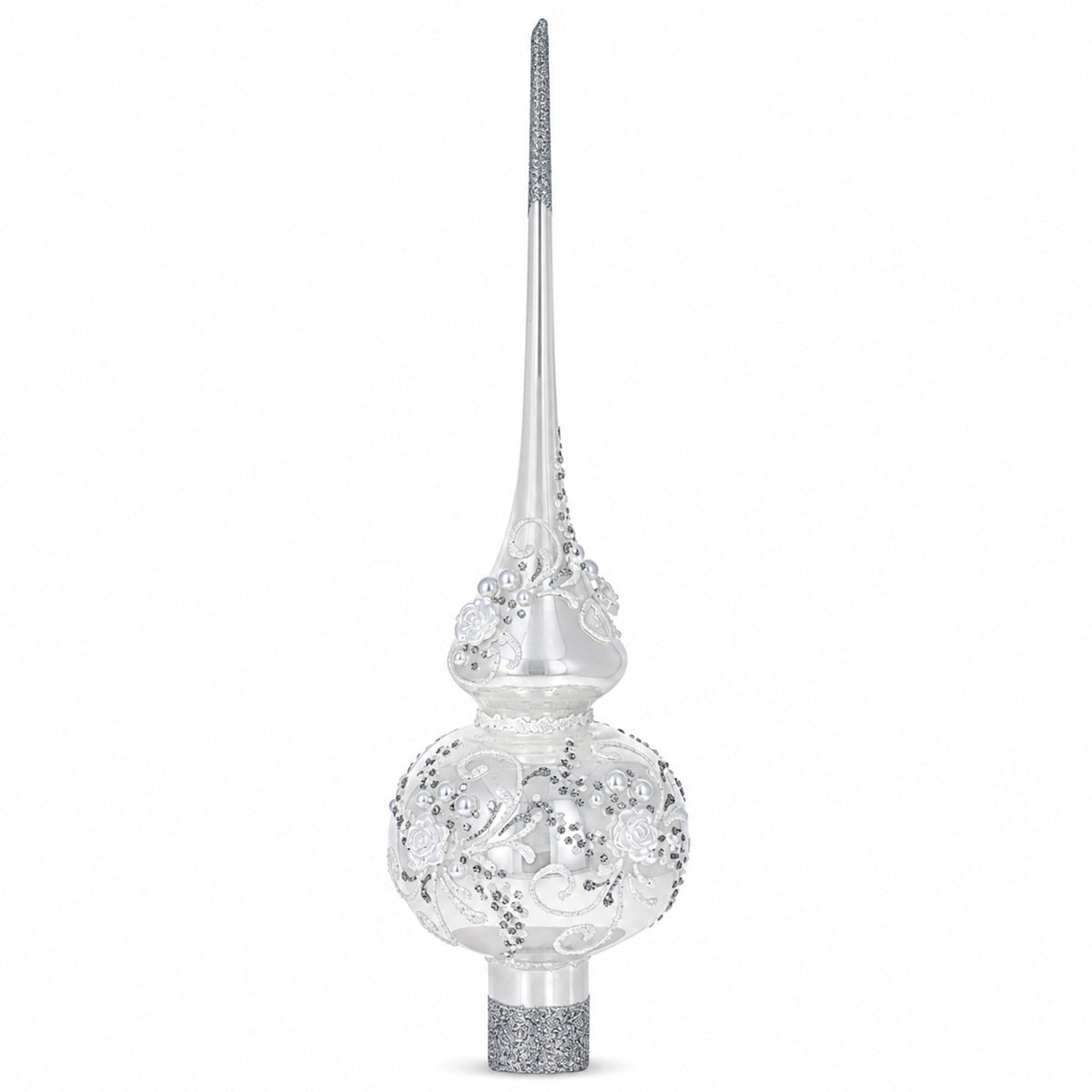 White Roses and Pearls on Glossy White Glass Christmas Tree Topper 11 Inches