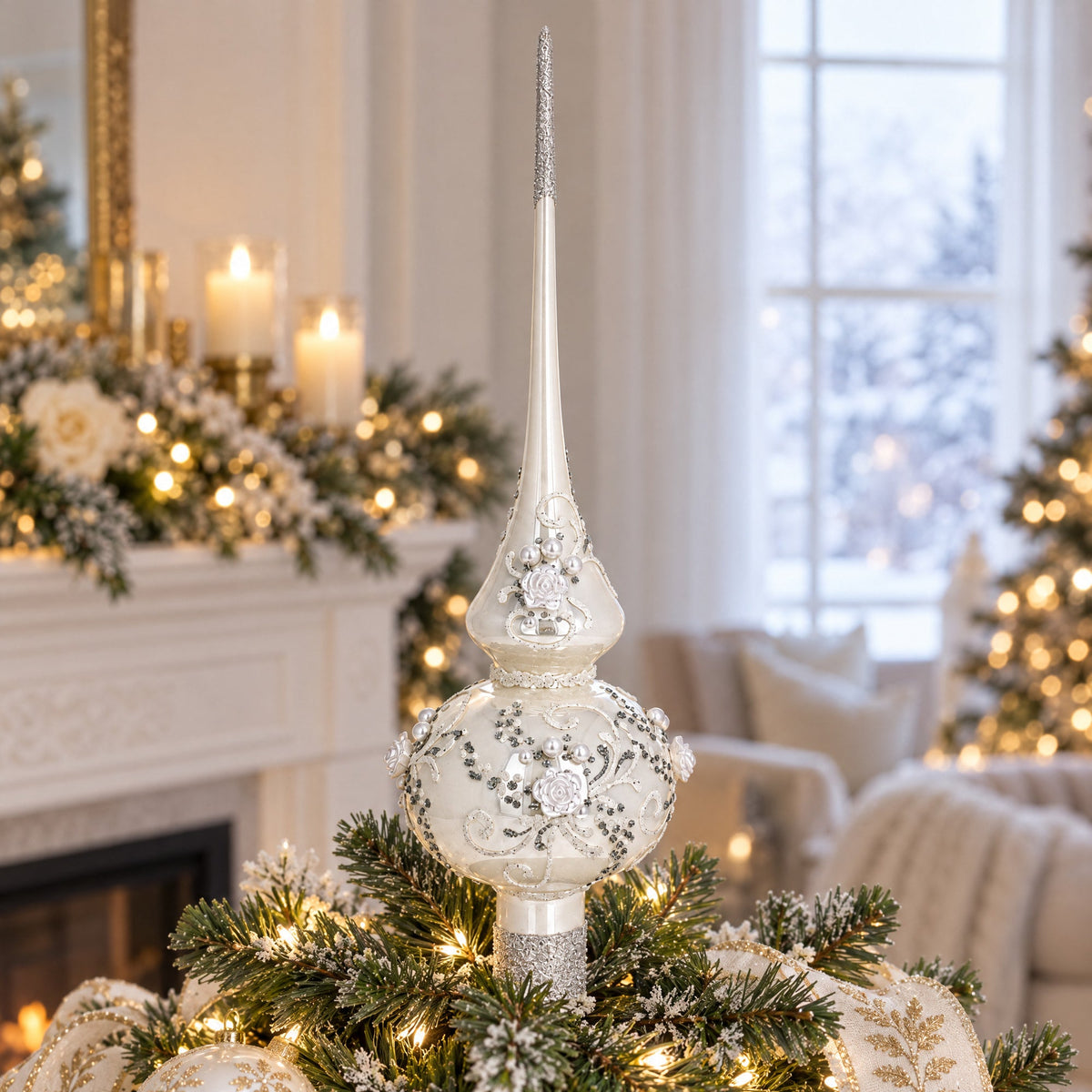 White Roses and Pearls on Glossy White Glass Christmas Tree Topper 11 Inches