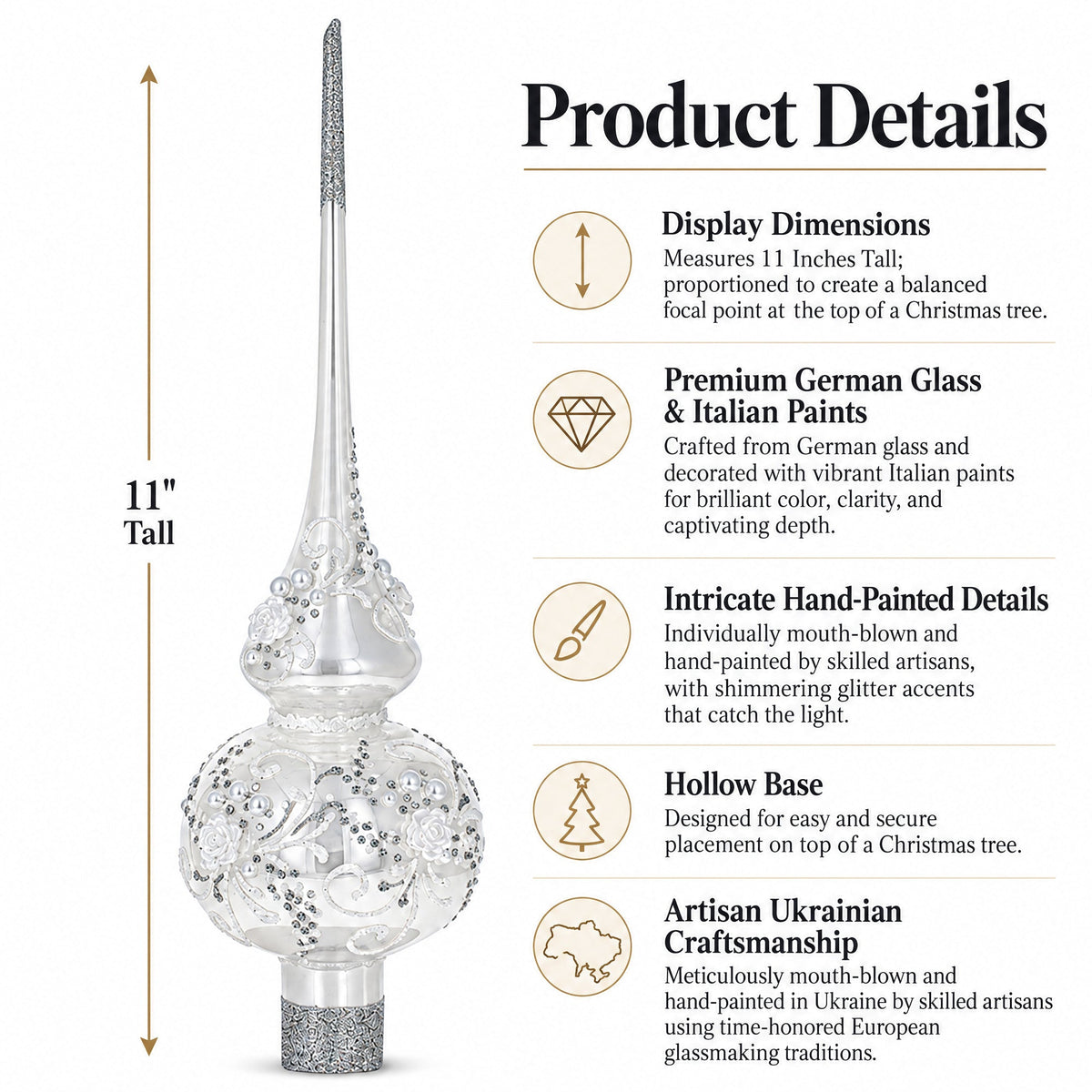 White Roses and Pearls on Glossy White Glass Christmas Tree Topper 11 Inches