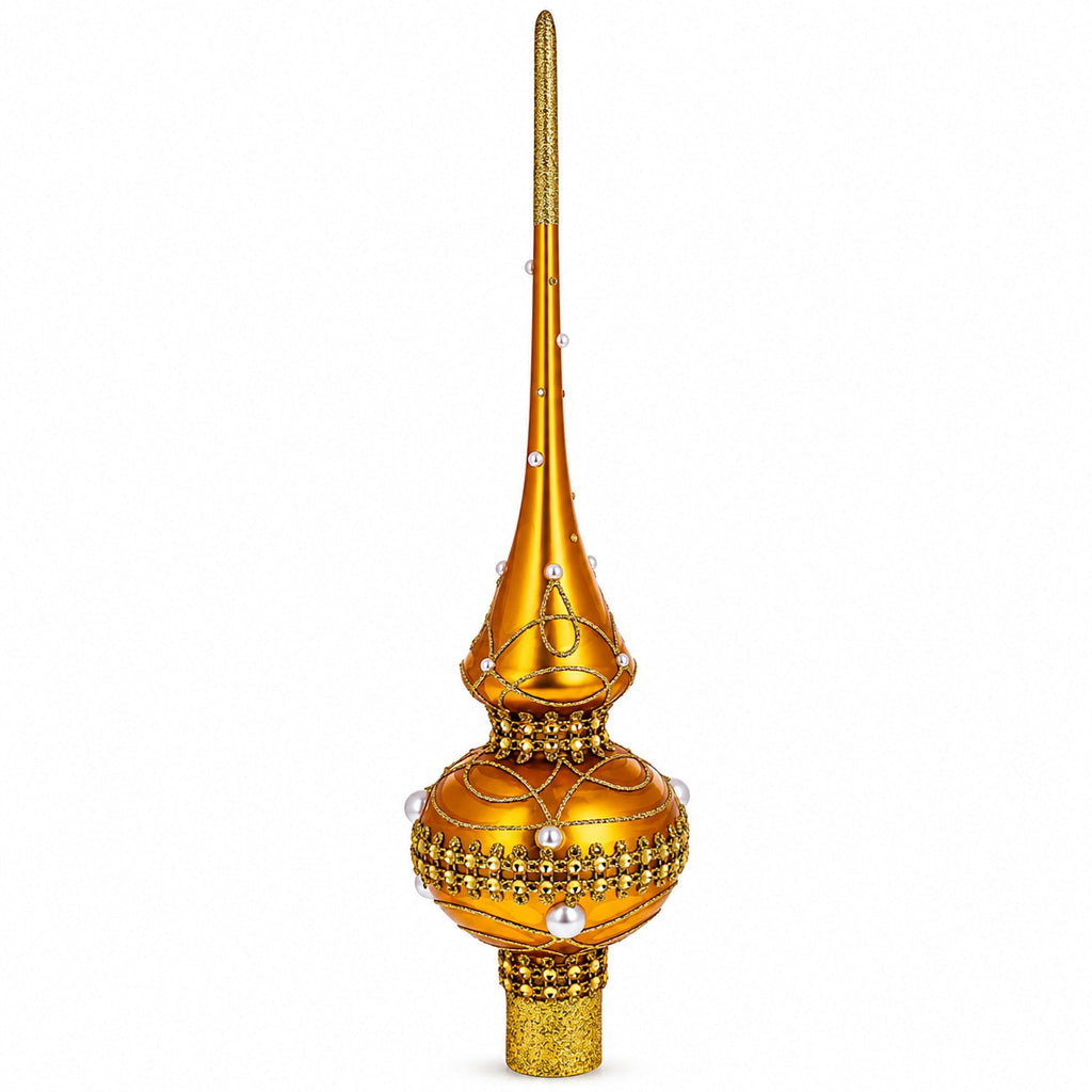 Golden Jewels White Pearls on Gold Glass Christmas Tree Topper 11 Inches