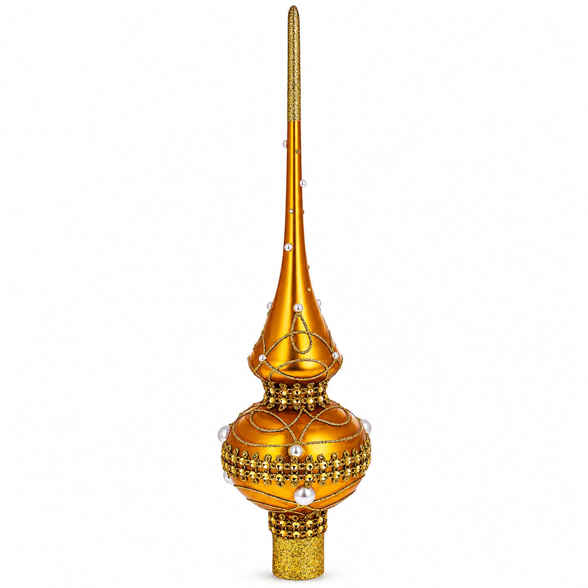 Golden Jewels White Pearls on Gold Glass Christmas Tree Topper 11 Inches