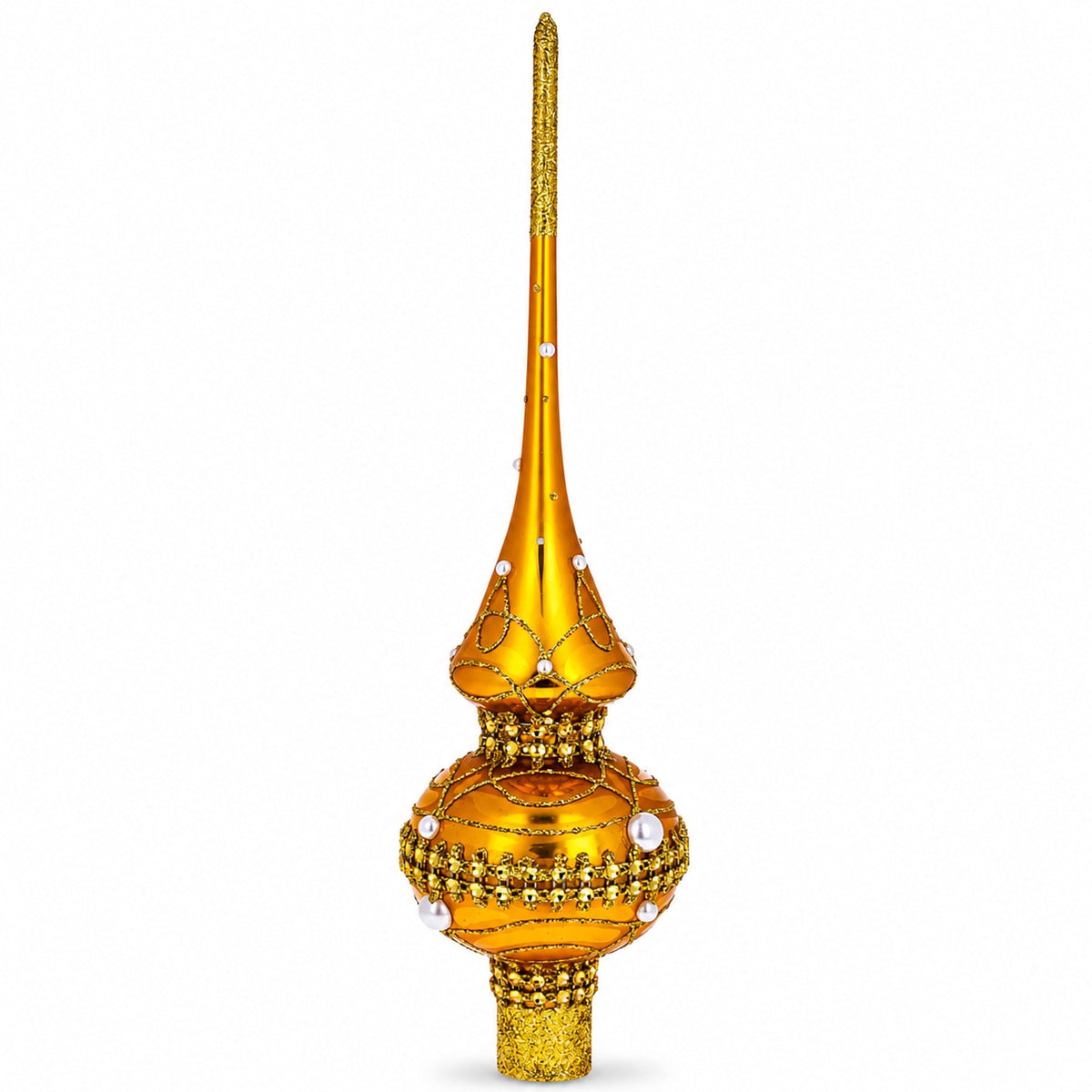 Golden Jewels White Pearls on Gold Glass Christmas Tree Topper 11 Inches