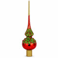 Red Pearls and Poinsettia Flowers on Glossy Red Glass Christmas Tree Topper 11 Inches