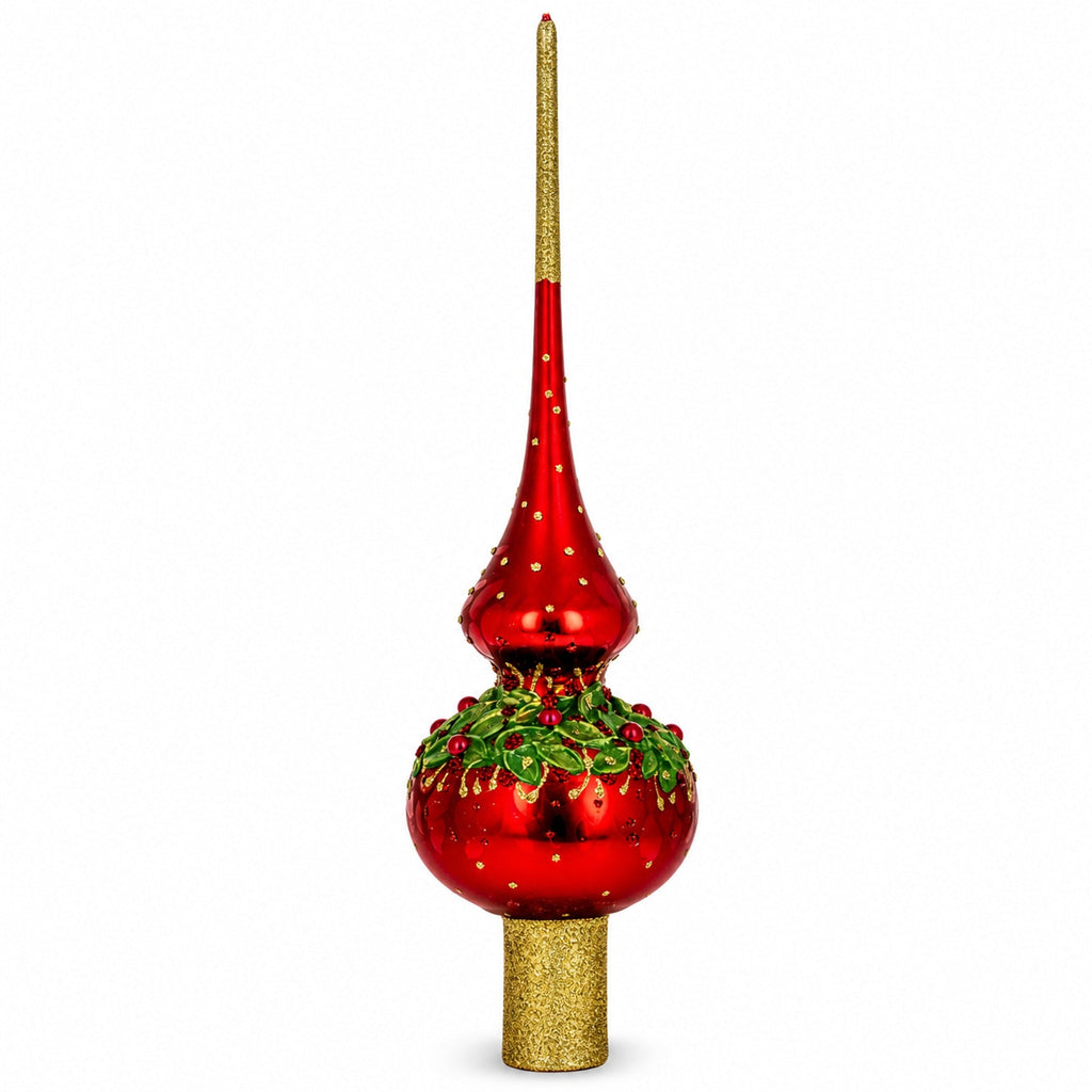 Red Pearls and Poinsettia Flowers on Glossy Red Glass Christmas Tree Topper 11 Inches