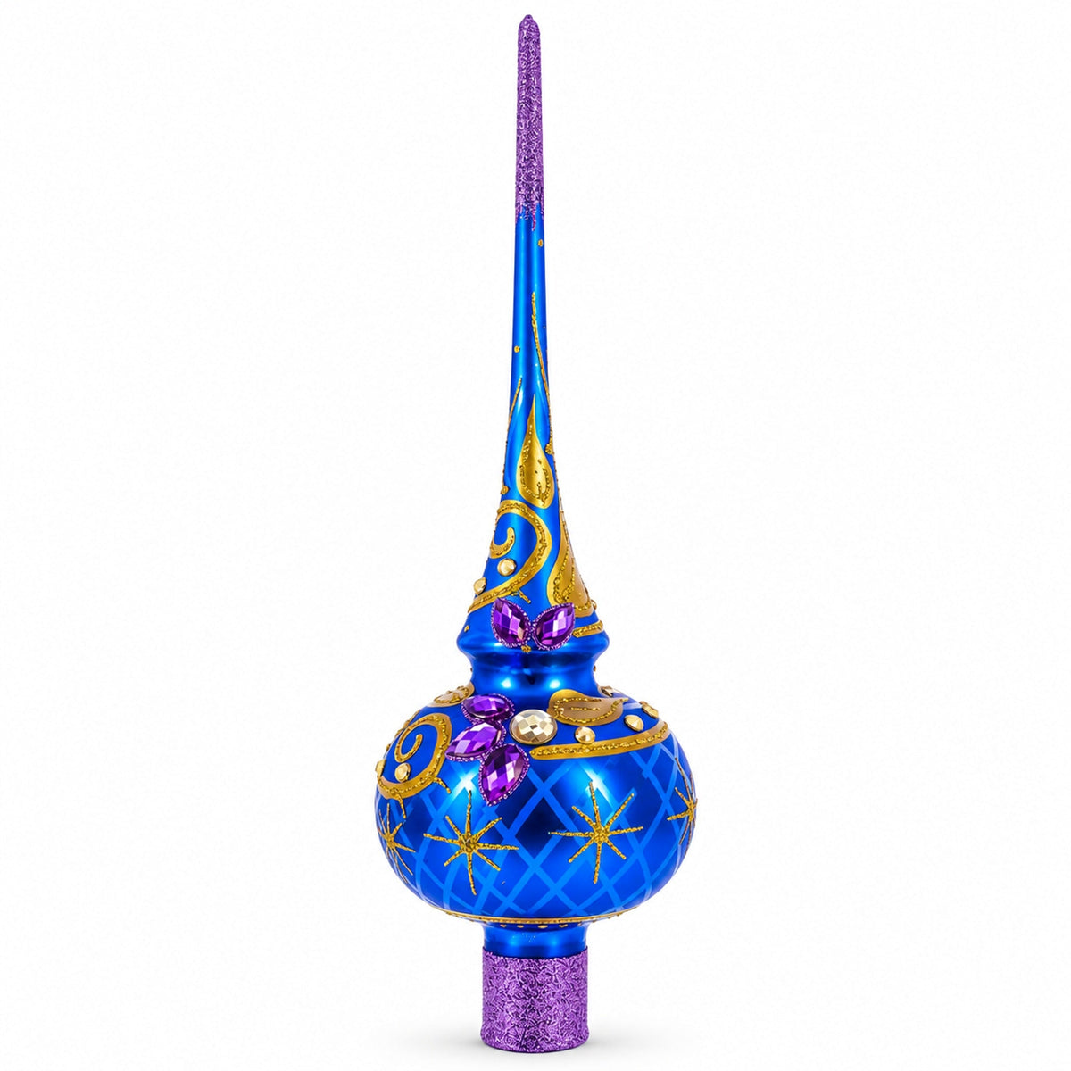 Purple Jewels Golden Leaves on Blue Glass Christmas Tree Topper 11 Inches