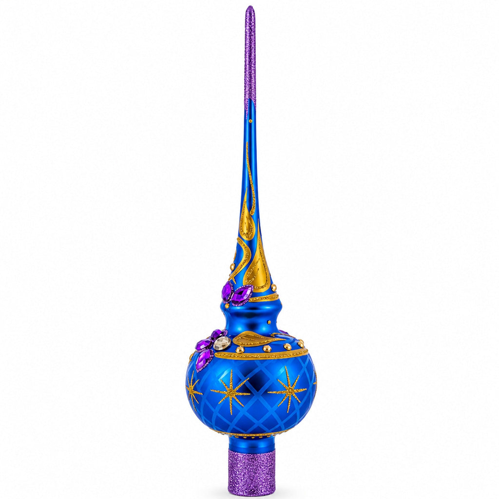 Purple Jewels Golden Leaves on Blue Glass Christmas Tree Topper 11 Inches