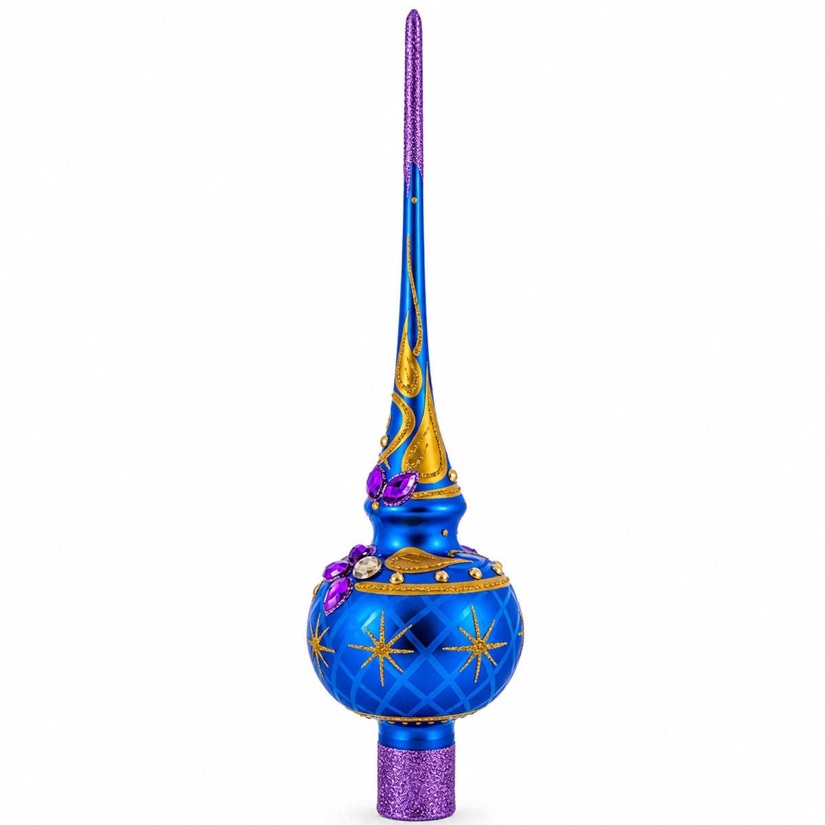 Purple Jewels Golden Leaves on Blue Glass Christmas Tree Topper 11 Inches