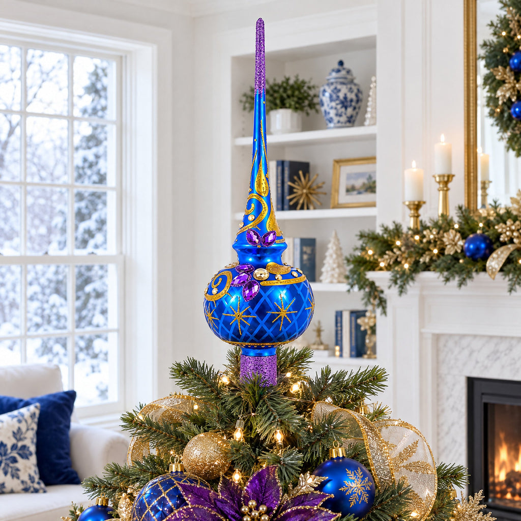 Purple Jewels Golden Leaves on Blue Glass Christmas Tree Topper 11 Inches