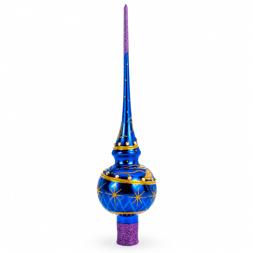 Purple Jewels Golden Leaves on Blue Glass Christmas Tree Topper 11 Inches
