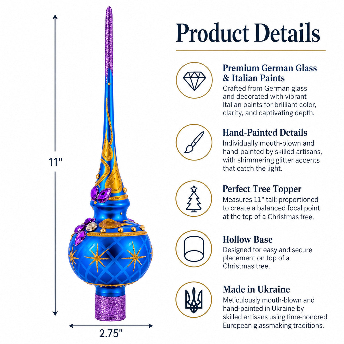Purple Jewels Golden Leaves on Blue Glass Christmas Tree Topper 11 Inches