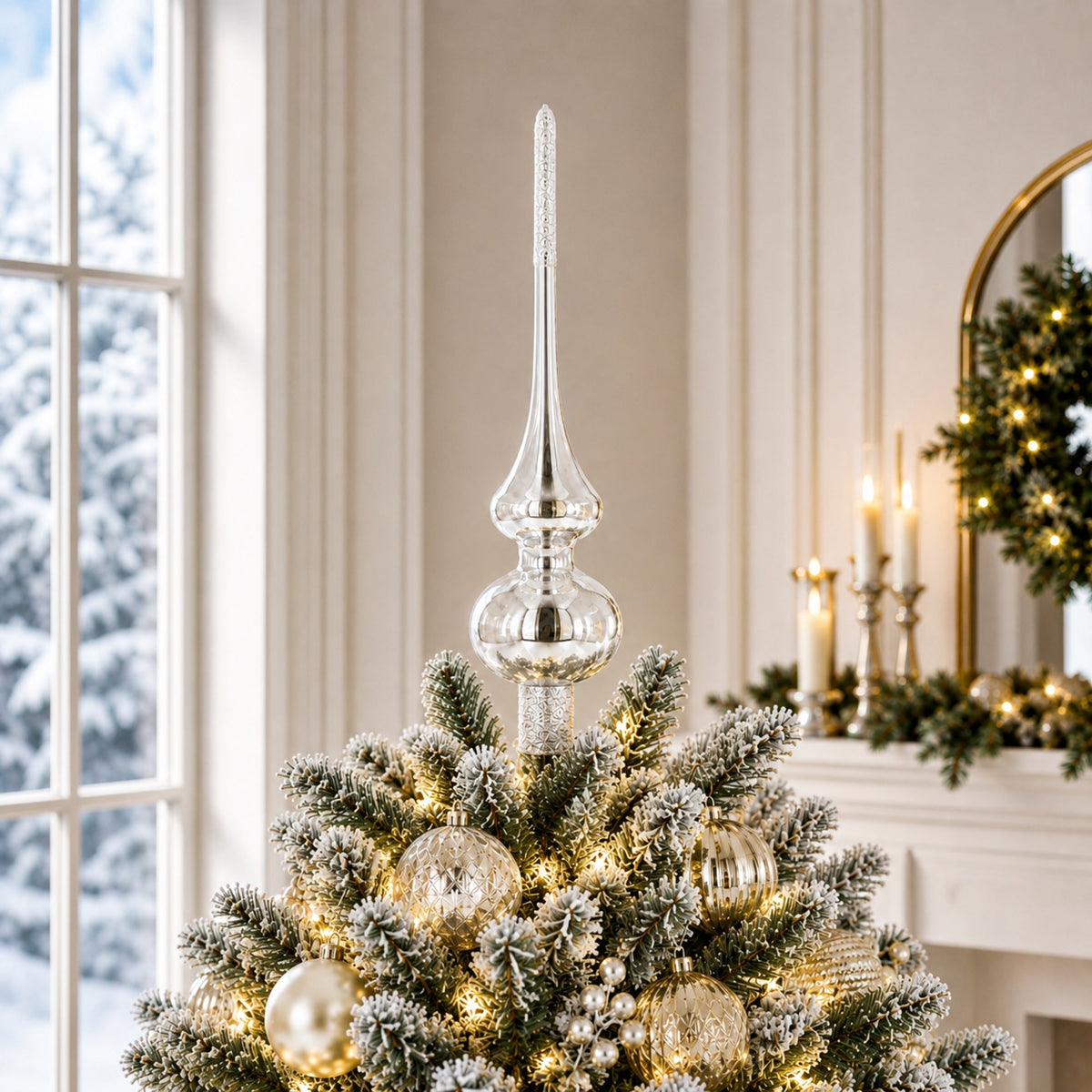 Glossy White with Sparkling Top Glass Christmas Tree Topper 11 Inches