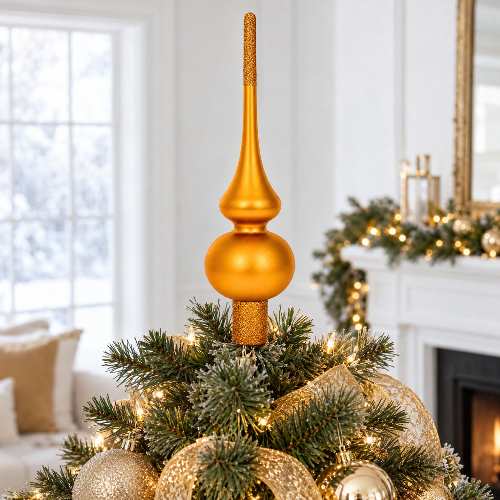 Matte Orange with Sparkling Top Glass Christmas Tree Topper 11 Inches