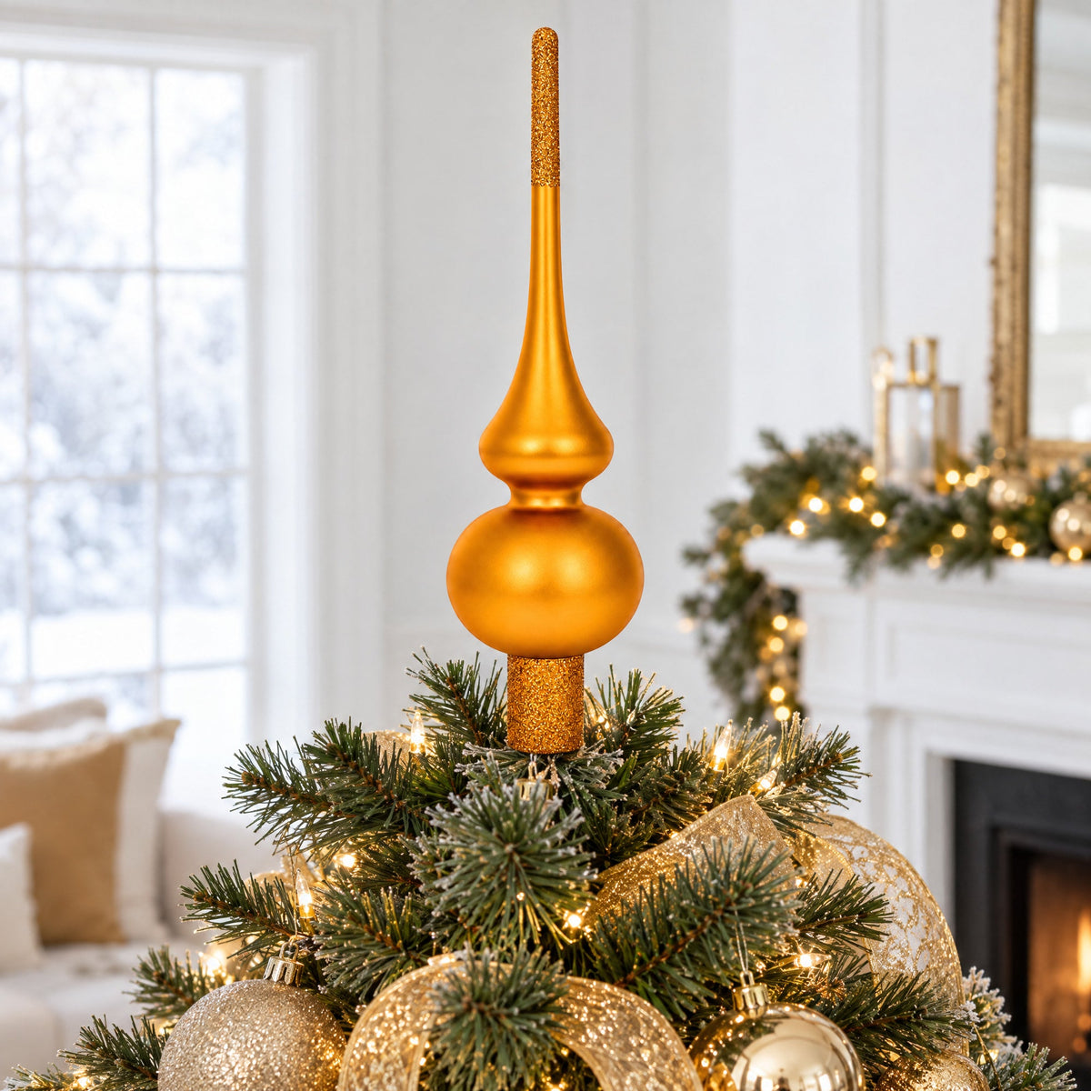 Matte Orange with Sparkling Top Glass Christmas Tree Topper 11 Inches