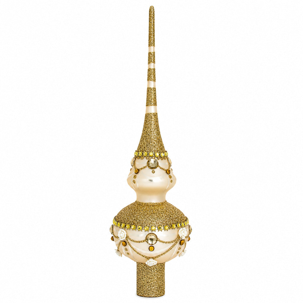 Dimensional Roses on Sparkling Beige Glass Christmas Tree Topper 11 Inches