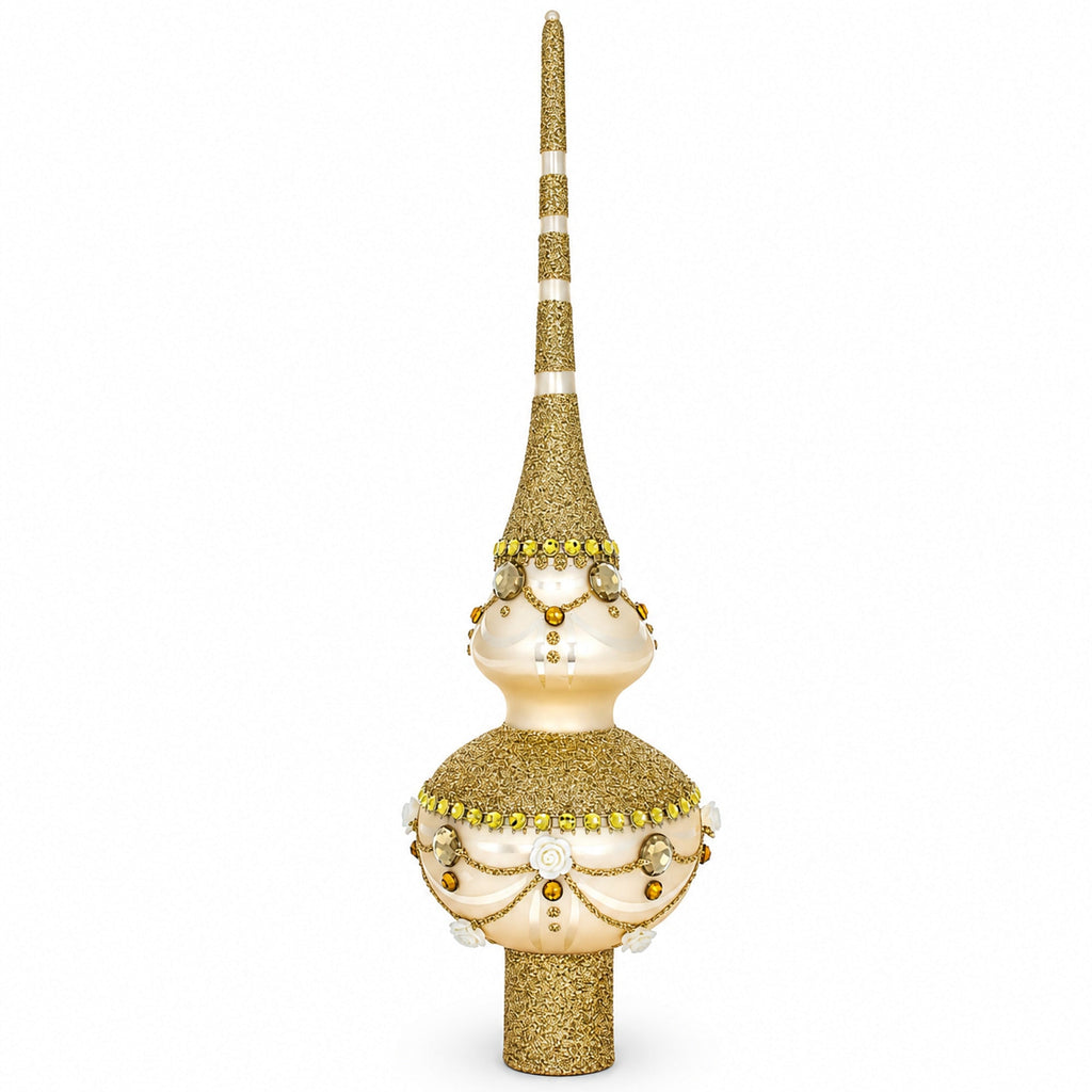Dimensional Roses on Sparkling Beige Glass Christmas Tree Topper 11 Inches